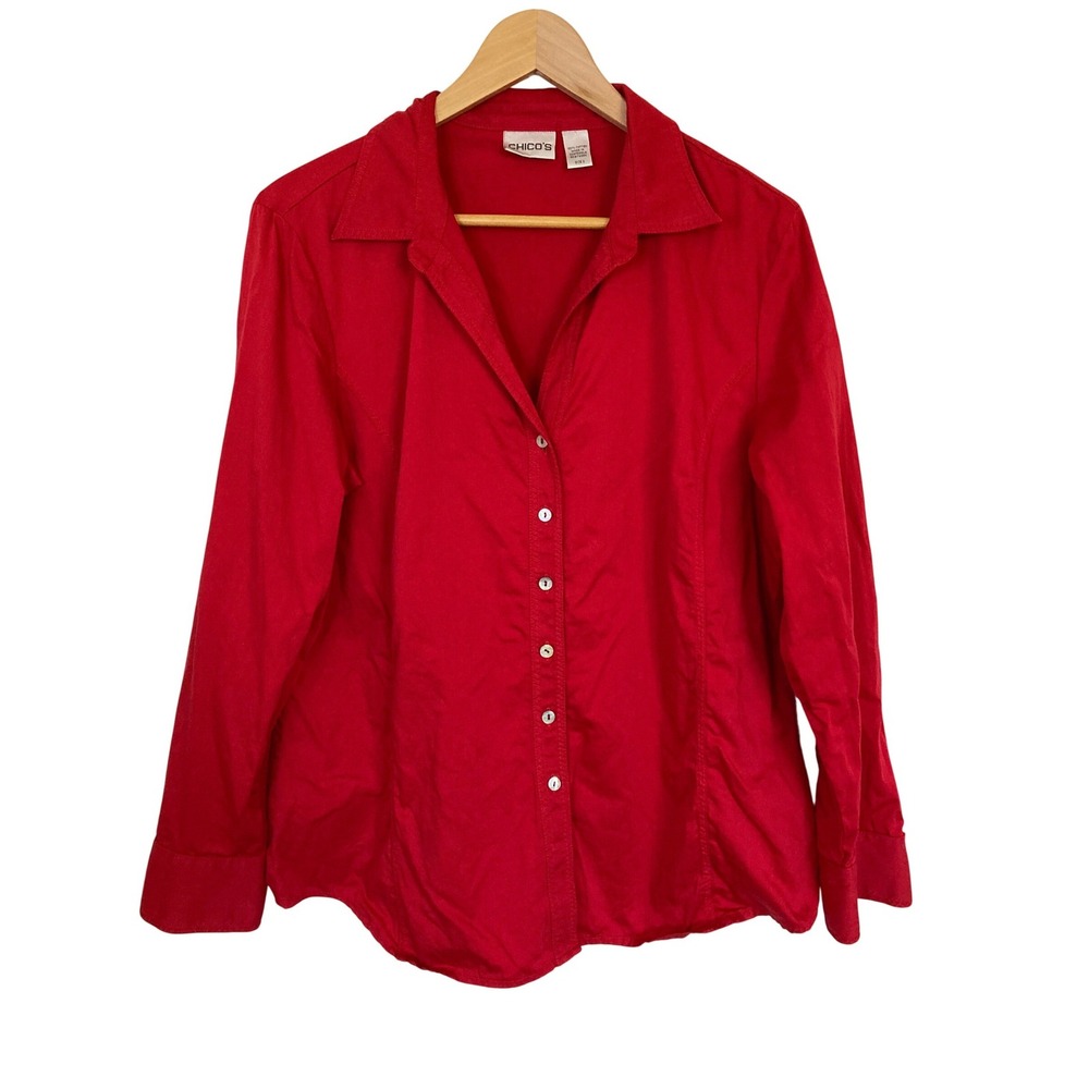 Chico's Red 100% Cotton Button Down Shirt Long Sleeve Collared Top Size XL